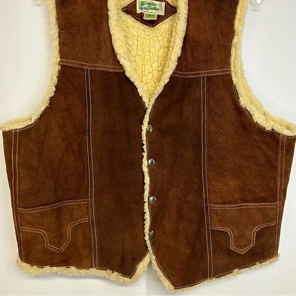 Vintage Genuine Suede Leather Faux Sherpa Vest Snaps Pockets Brown Unisex Large - Picture 4 of 16
